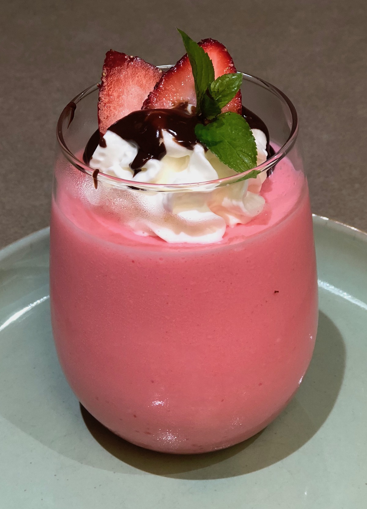 Berry Yogurt Tapioca Gelatin with Strawberries and Chocolate Sauce