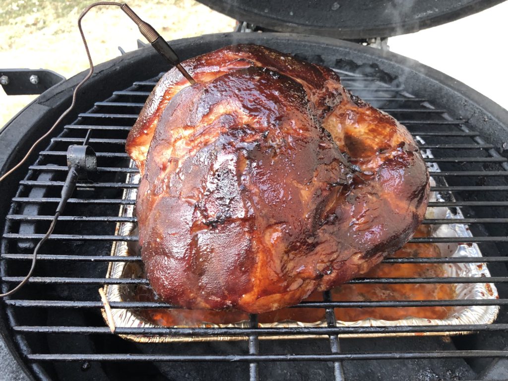 Smoking Root Beer Ham on Green Egg with Apple Wood Chips for 4 hours