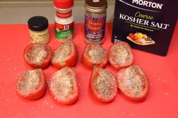 Tomato halves seasoned with garlic powder, Herbes de Provence, kosher salt, pepper,