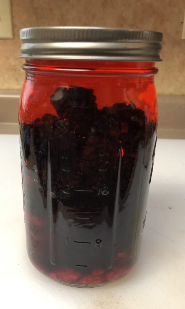 Infusion of blackberries and red raspberries into white vinegar in ball jar.