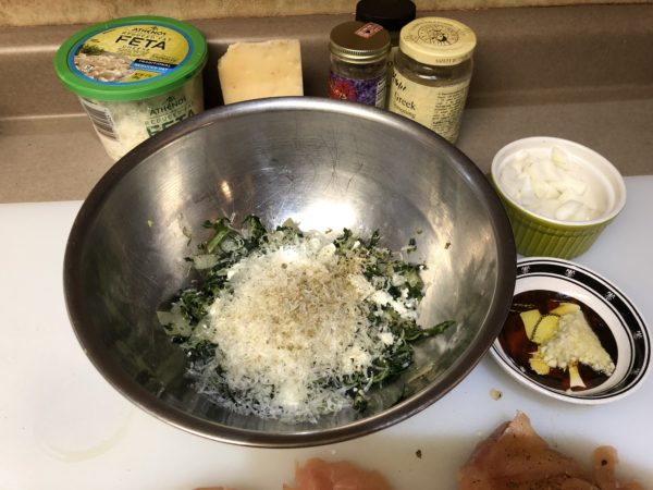 Combine cooked spinach mixture with cheeses and Greek seasoning, salt and pepper.