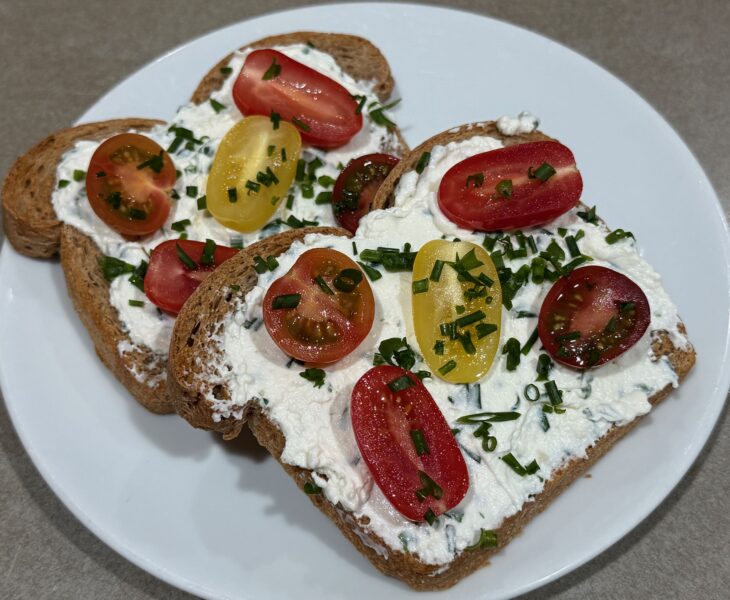 Toasted mulit grain sourdough bread with Chive garlic ricotta spread